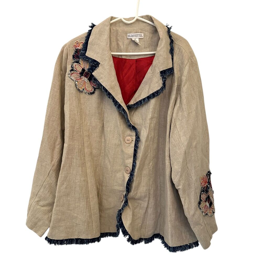 Silhouettes Beige 100% Linen Satin Lined Floral Embroidered 3 Button Blazer 24W